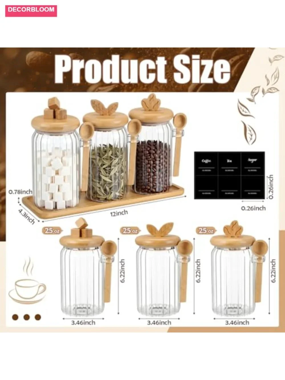 3-Piece Airtight Glass Food Storage Jar Set with Bamboo Color Lid & Spoon